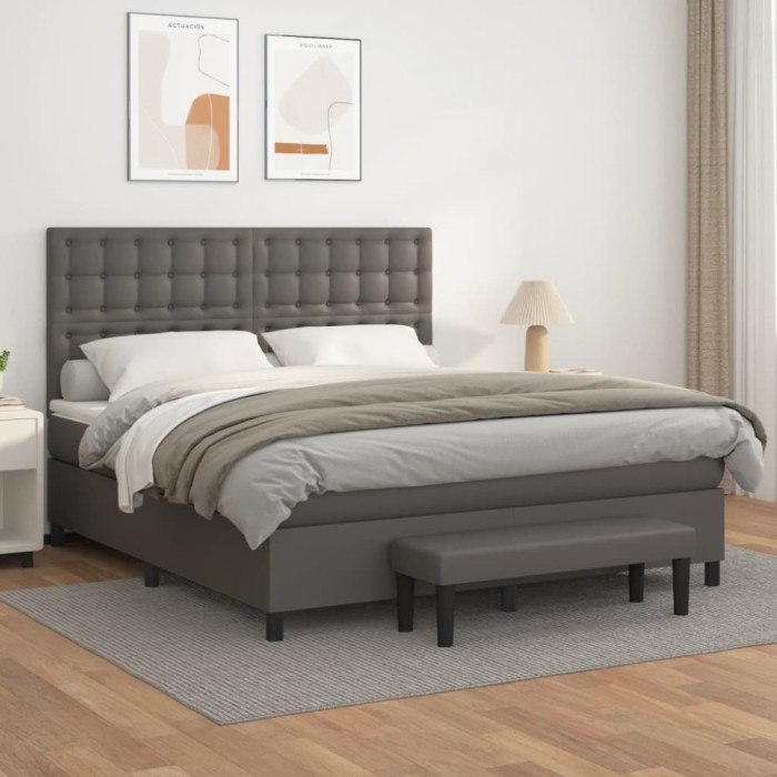 vidaXL Pat box spring cu saltea, gri, 160x200 cm, piele ecologică 3137675