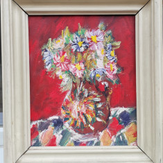 Tablou pictor roman Natura statica Flori Crizanteme pictura ulei inramat 36x42cm