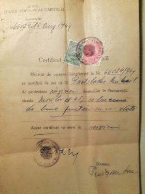 1949, Certificat de bună purtare, Sfatul Popular al capitalei / Moșilor nr 25 foto