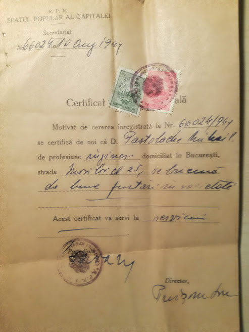 1949, Certificat de bună purtare, Sfatul Popular al capitalei / Moșilor nr 25