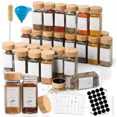 Set recipiente condimente 24 sticlute de 120 ml, perie, palnie, etichete si marker, capac etans din bambus, Transparent