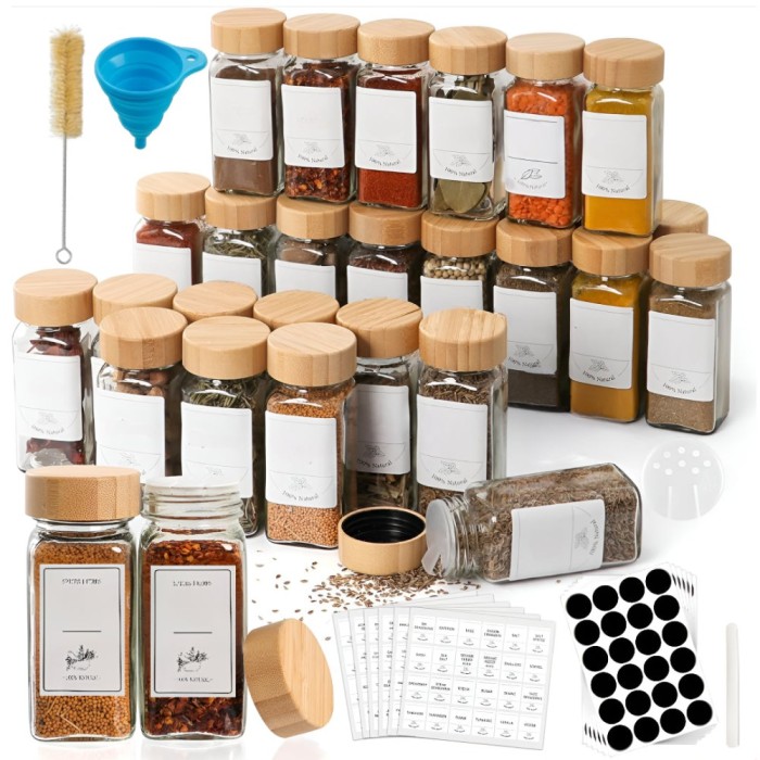 Set recipiente condimente 24 sticlute de 120 ml, perie, palnie, etichete si marker, capac etans din bambus, Transparent