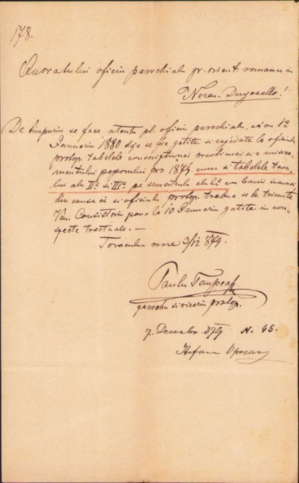 A243 Corespondență Paul Tempea, 1879, preoți ortodocși rom&acirc;ni Nerău, Banat &ndash; Torac, Serbia