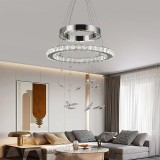 Lustra LED cu telecomanda si cristal 36W, 2 Cercuri, lumina Rece/Calda/Neutra, Dimabila, Crom Lucios, Inaltime Reglabila