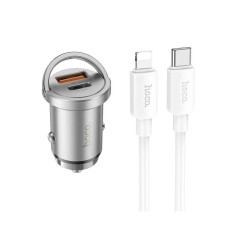Incarcator Auto Dual Hoco NZ10 1 x UsbC Putere 45W, 1 x Usb QC 3.0 Putere 18W, Cablu UsbC La Lightning, Silver