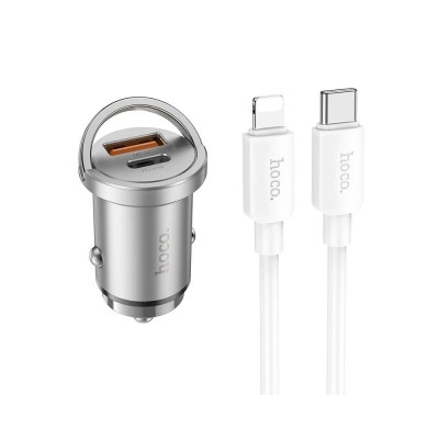 Incarcator Auto Dual Hoco NZ10 1 x UsbC Putere 45W, 1 x Usb QC 3.0 Putere 18W, Cablu UsbC La Lightning, Silver foto