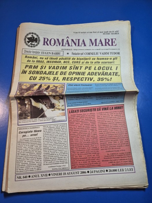 ziarul romania mare 18 august 2006 - redactor sef corneliu vadim tudor