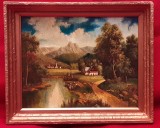 Peisaj cu casa si castel la poalele muntilor. A.P.