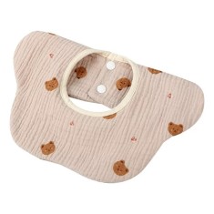 Baveta Tip Floare, din Bumbac, pentru Copii 0-12 Luni, Rezistenta la apa, cu Capse, Model cu Ursuleti, 26 x 29 cm, Crem