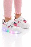 Pantofi sport cu lumini LED, Model Capsunele, Piele ecologica, fete, alb
