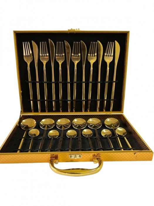 Set tac&acirc;muri inox auriu Mirror Gold, 24 piese, pentru 6 persoane, finisaj lucios