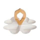 Platou aperitive cu 4 compartimente din ceramica si suport bambus