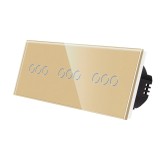Intrerupator triplu x 3 cu indicator luminos, Luxion LX-ST-301/301/301-G, touch, incastrat, rama din sticla inclusa, auriu