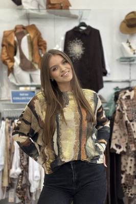 Bluza dama cu maneci tip fluture maro cu negru si auriu foto