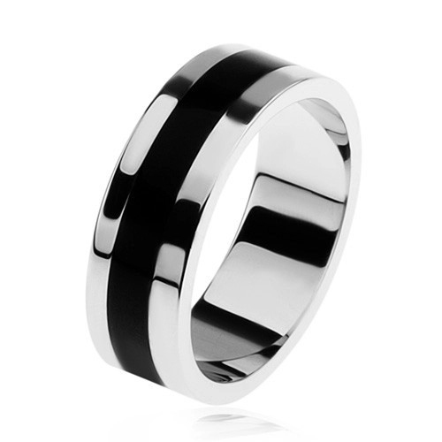 Inel lucios argint 925, dungă neagră smălţuită pe mijloc - Marime inel: 64