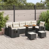 Set canapea grădină vidaXL cu perne, negru, poli ratan, acacia, Set dining grădină vidaXL cu perne, negru, poli ratan, acacia