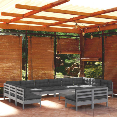 vidaXL Set mobilier grădină cu perne, 13 piese, gri, lemn masiv pin foto