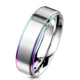 Inel din oțel cu bandă mată de o culoare argintie - margini &icirc;ntr-o nuanță curcubeu, 6 mm - Marime inel: 67