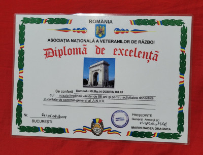 Diploma de excelenta -Domnul General de brigada Dobrin Iuliu, veteran de razboi foto