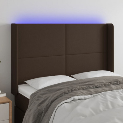 vidaXL Tăblie de pat cu LED, maro, 147x16x118/128 cm, piele ecologică foto