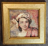 Goblen vechi, portret de femeie &ndash; ramă lemn, decor vintage