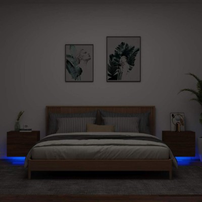 vidaXL Noptiere montate pe perete cu lumini LED, 2 buc., stejar maro 836825 foto