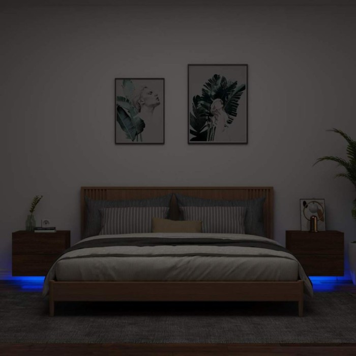 vidaXL Noptiere montate pe perete cu lumini LED, 2 buc., stejar maro 836825