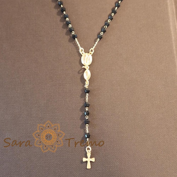 Colier placat cu aur, stantat , perle eco negre si cruciulita decorativa, 50 cm