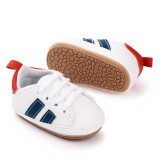 Cumpara ieftin Adidasi albi cu dungi bleumarine si insertie portocalie (Marime Disponibila: