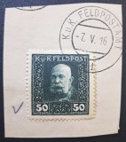 Imperiul Austro-Ungar (Feldpost WWI) 1915-Marcă Poștală Militară de Război (K.u.K. Feldpost) Franz Joseph I 50 Heller Verde-&Icirc;nchis pe Decupaj -TG1