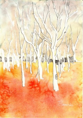 Tablou, Padurea Pomilor Goi, tehnici mixte pe hartie, inramat, 42x32 cm - Este plecat la Expozitie la Alba, Dupa 1 sept 2025 poate fi achizitionat foto