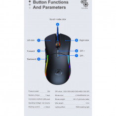 Mouse pentru jocuri cu iluminare LED, 7 butoane, DPI reglabil pana la 7200 DPI , design ergonomic, negru