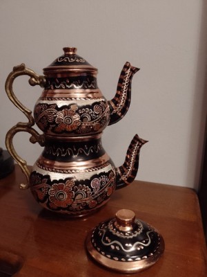 Superb set ceainic etajat &amp;icirc;n stil oriental din cupru gravat foto
