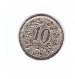 Moneda Austria 10 heller 1915, stare buna, curata, zgariata, Europa, Nichel