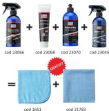 Pachet Intretinere Exterior Auto Liqui Moly: Solutie Vopsea, Polish, Ceara, Solutie Anvelope + 2 Lavete Microfibra CADOU