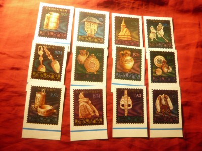 12 Vignete Romania 1974 cu Reclame Folclor, dim. 8x5,5cm foto