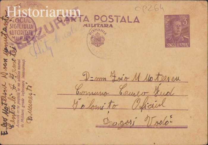 HST CP208 Carte poștală militară 1944 Manutanța Centrală a Armatei