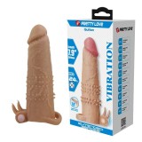 Manșon vibrator PRETTY LOVE Quillon, realist, cu striații și inel pentru testicule, bullet detașabil, din TPR flexibil, culoarea pielii, 20 cm