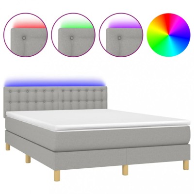 Pat cu arcuri, saltea si LED, gri deschis, 140x190 cm, textil foto