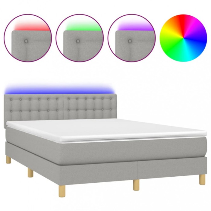 Pat cu arcuri, saltea si LED, gri deschis, 140x190 cm, textil