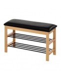 Suport pentru pantofi HM ST11, cu bancheta, lemn masiv, piele ecologica, 2 rafturi metalice, capacitate 8 perechi, negru/natur