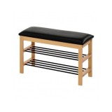 Suport pentru pantofi HM ST11, cu bancheta, lemn masiv, piele ecologica, 2 rafturi metalice, capacitate 8 perechi, negru/natur