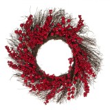 Coroniță Decorativă Crăciun, 50cm, Baze Lemn, Fructe Roșii, Ornamente PE și Spumă, Oem
