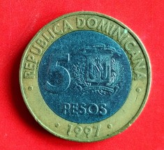 Monede America de Nord Caraibe Republica Dominicana 5 Pesos 1997 bimetal otel cu alama editie aniversara 50th Anniversary of the Central Bank