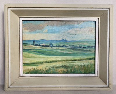 Peste dealuri - tablou din 1948, pictura originala ulei pe carton panzat 53x43cm foto