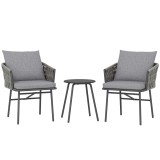 Outsunny Set mobilier exterior 3 piese, 2 scaune, 1 masă, set bistro, rattan sintetic, cadru din oțel, masă metalică, 4 perne, gri | Aosom Romania