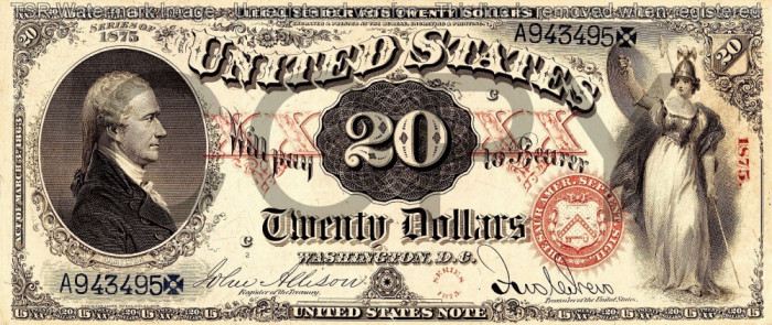 20 dolari 1875 Reproducere Bancnota USD , Dimensiune reala 1:1