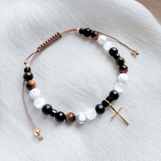 Bratara reglabila cu cruciulita si cristale impotriva energiilor negative - selenit, shungit, ochi de tigru, howlit, obsidian, onix