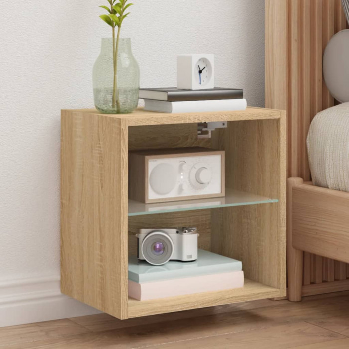 Gossi noptiere cu lumini led montate pe perete, 2 buc., stejar sonoma