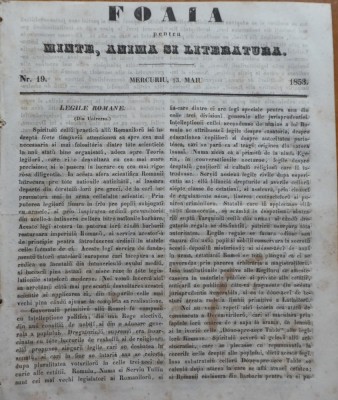 Foaia pentru minte, inima si literatura, nr. 19, 1853, Brasov, Redactor Iacob Muresanu foto